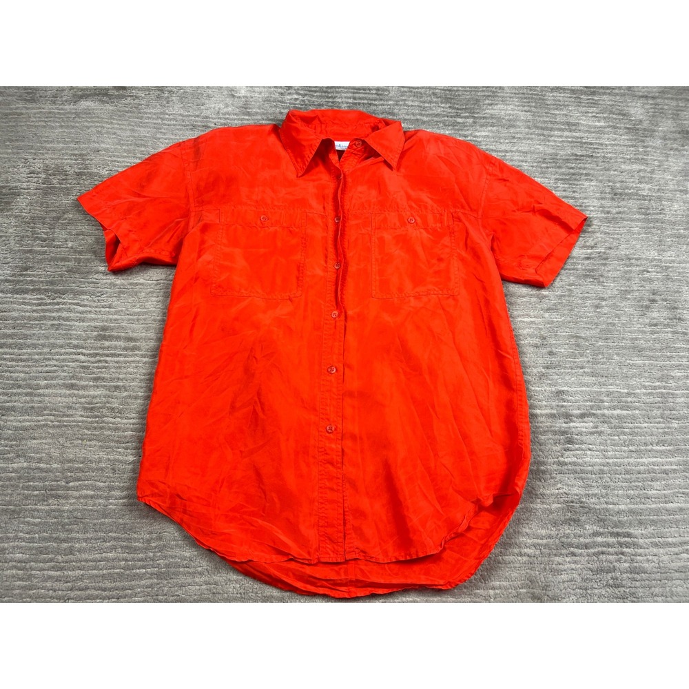 Backroad Blues Shirt Womens M Red 100% Silk Short Sleeve Button Down Pockets